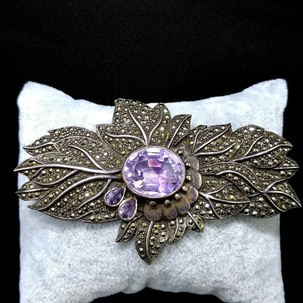 Amethyst Sterling Silver Marcasite Brooch, Artisan Made, 1950s Vintage Jewelry